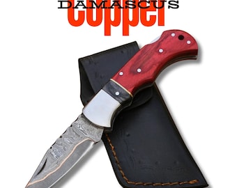 Navaja de bolsillo de acero de Damasco de cobre forjado a mano – Navaja plegable con funda – Navaja grabada a medida – Regalo para hombres, navaja EDC, regalo para padrinos de boda