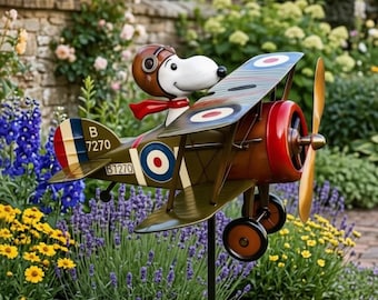 Flying Ace of the Dog Biplane Windmill, Red Baron Inspired Dog Pilot Garden Spinner, 2D Metal Art Lawn Decor, Unique Gift for Aviators Lover