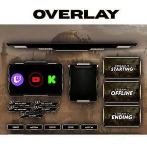 Puede incluir: Un diseño de superposición digital para streaming, con un esquema de color oscuro y un fondo de paisaje urbano. Incluye paneles para el estado de la transmisión, iconos de redes sociales y alertas. La palabra "OVERLAY" está en la parte superior.