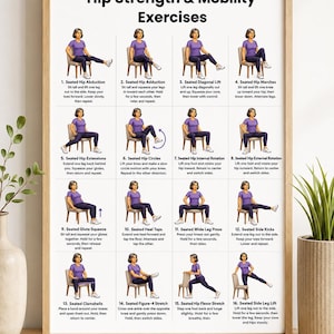 May include: A framed instructional poster titled Hip Strength & Mobility Exercises featuring sixteen illustrations of a person in a purple shirt and dark pants performing seated movements on a chair, with descriptive text for each exercise.