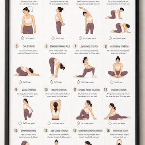 May include: A framed poster titled "Full Body Stretch" with 16 illustrated yoga poses. Each pose is demonstrated with a person and includes instructions and time durations. The poster is in a black frame.