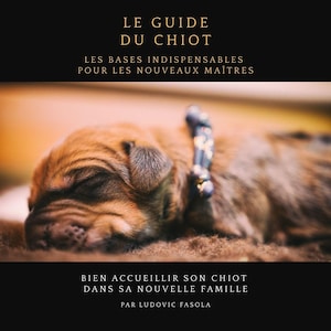 Può includere: Un cucciolo marrone addormentato con un collare blu riposa su una superficie morbida e marrone. L'immagine ha un testo in francese: "LE GUIDE DU CHIOT" e "BIEN ACCUEILLIR SON CHIOT DANS SA NOUVELLE FAMILLE". Il libro parla di come allevare i cuccioli.