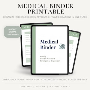 May include: A digital medical binder printable with the text "Medical Binder" and "Family Health Planner & Emergency Organizer". The design includes a green and white color scheme, with the words "Instant Digital Download". The binder is designed to organize medical records, appointments, and medications.