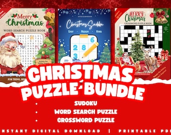 May include: A Christmas puzzle bundle featuring a word search, Sudoku, and crossword puzzle. The word search book has Santa Claus on the cover. The Sudoku puzzle has a pencil and numbers. The crossword puzzle has a Christmas tree and reindeer.