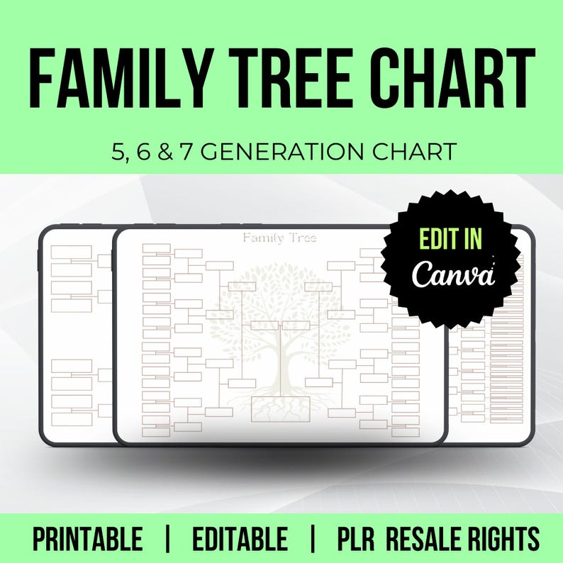 Editable Family Tree Chart | 5-7 Generation Genealogy (PDF Files ...