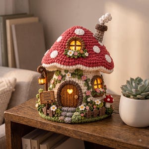 May include: A crocheted mushroom-shaped house lamp with a red cap featuring white spots, a brown arched door with a heart-shaped window, and a sign reading Home Sweet Home. The structure includes a chimney, a small lantern, and floral accents.