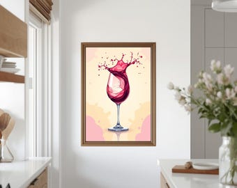 May include: A framed artwork depicts a wine glass with red liquid splashing upwards. The glass is centered against a light yellow and pink background. The frame is brown. The artwork is displayed in a kitchen setting.