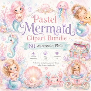 Op de afbeelding: Een aquarel clipart bundel met zeemeerminnen, zeepaardjes en zeedieren in pastelkleuren. De tekst luidt "Pastel Mermaid Clipart Bundle" met "60 Watercolor PNGs". Bevat afbeeldingen van een schatkist, schelpen en een krab.