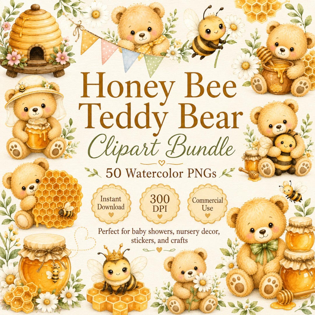 Honey Bear Clipart Bundle, Watercolor Teddy Bear Bee PNG, Honey Jar ...