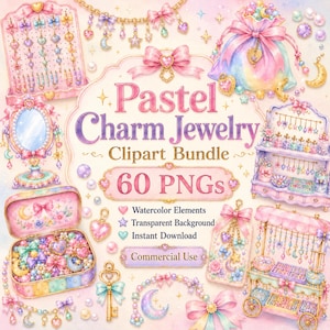 Op de afbeelding: Een digitale clipartbundel met pastelkleurige sieraden en accessoires. De afbeelding bevat kettingen, oorbellen en decoratieve elementen zoals strikken, harten en manen. De tekst luidt "Pastel Charm Jewelry Clipart Bundle" en "60 PNG's."