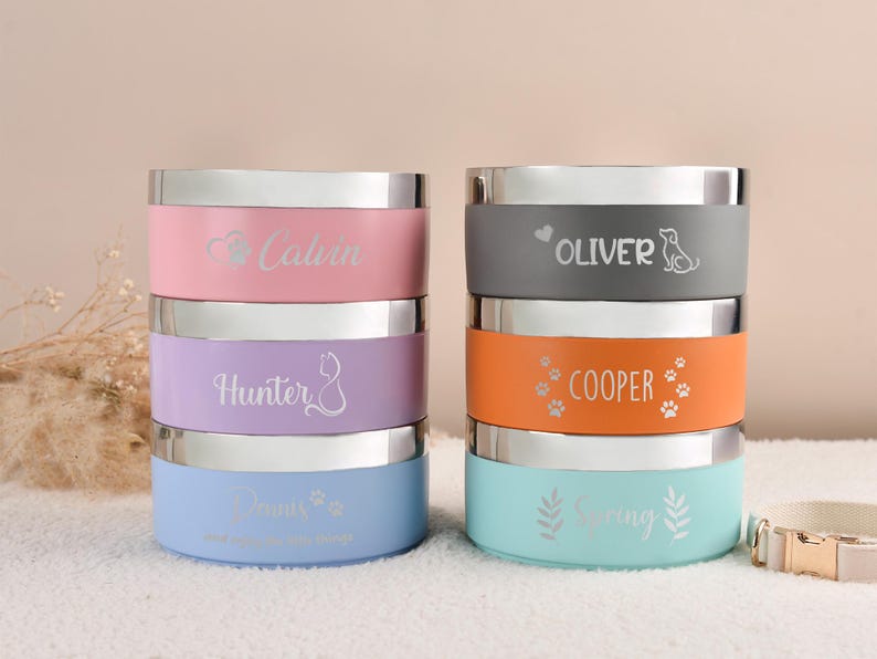 Puede incluir: Una pila de seis cuencos personalizados para mascotas en colores pastel: rosa, lila y azul a la izquierda, y gris, naranja y turquesa a la derecha. Cada cuenco tiene un borde plateado y un nombre grabado en la banda de color.