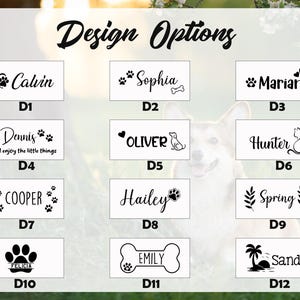 Puede incluir: Opciones de dise&ntilde;o con tem&aacute;tica de mascotas. La imagen muestra varios dise&ntilde;os con nombres como "Calvin", "Sophia" y "Marian", junto con huellas de patas, huesos y otros gr&aacute;ficos relacionados con mascotas. Los dise&ntilde;os son en blanco y negro.