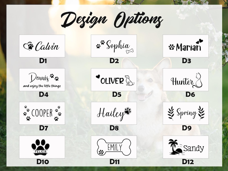 Puede incluir: Opciones de dise&ntilde;o con tem&aacute;tica de mascotas. La imagen muestra varios dise&ntilde;os con nombres como "Calvin", "Sophia" y "Marian", junto con huellas de patas, huesos y otros gr&aacute;ficos relacionados con mascotas. Los dise&ntilde;os son en blanco y negro.