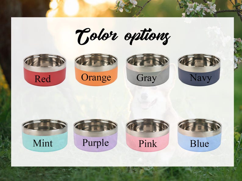 Puede incluir: Una selecci&oacute;n de ocho cuencos para mascotas de acero inoxidable con bases de colores. Los cuencos est&aacute;n disponibles en rojo, naranja, gris, azul marino, menta, morado, rosa y azul. El texto "Color options" se muestra.