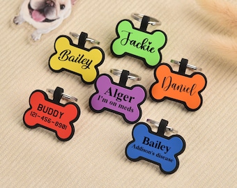 Placa de identificación personalizada con forma de hueso para perros: Identificación personalizada para mascotas, número de teléfono grabado.