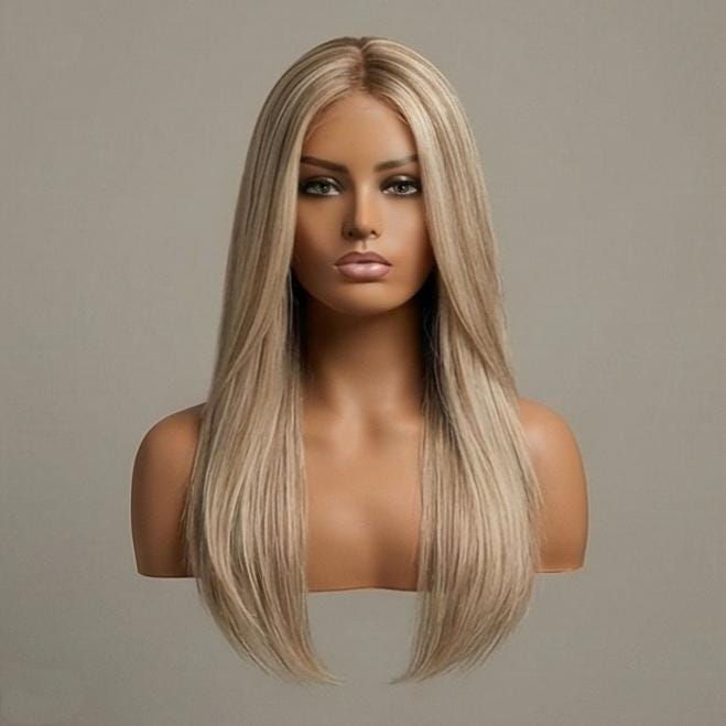 Ash Blonde 13×4 Lace Front Wig, Long Straight with Brown, Natural Hair Look