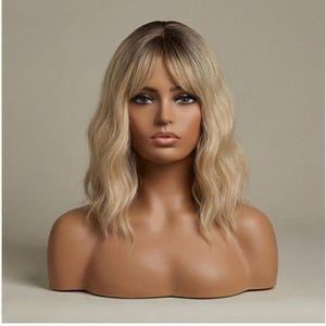 Puede incluir: Peluca rubia con raíces oscuras y flequillo recto, exhibida en una cabeza de maniquí. La peluca presenta cabello ondulado, largo hasta los hombros, en tonos rubios y marrón claro. El maniquí tiene un tono de piel neutro, sobre un fondo neutro.