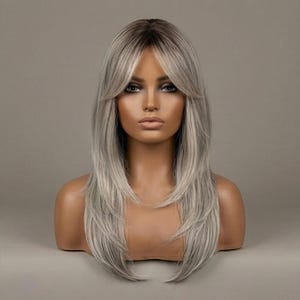 May include: A layered, silver-gray wig with a dark root and long, straight strands. The wig features a full fringe and is displayed on a mannequin head with a neutral background. The wig's length is mid-chest.