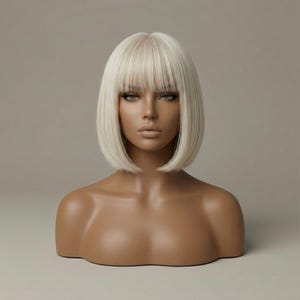 Puede incluir: Peluca rubia platino con flequillo recto, exhibida en una cabeza de maniquí. La peluca tiene una textura lisa y recta y un corte a la altura de la barbilla. El maniquí es de color marrón claro y tiene un fondo neutro.
