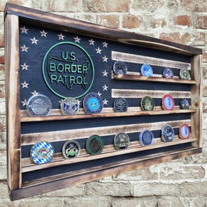 US Border Patrol Challenge Coin Display Flag | Thin Green Line USBP Wood Holder | Law Enforcement Gift