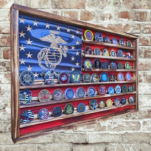 USMC EGA Challenge Coin Display Flag, Rustic Handcrafted Wood, Personalized Marines Coin Holder
