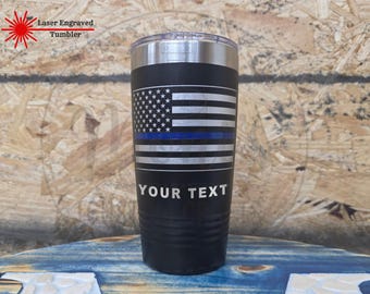 Bicchiere con bandiera sottile blu personalizzato, bicchiere da agente di polizia inciso al laser