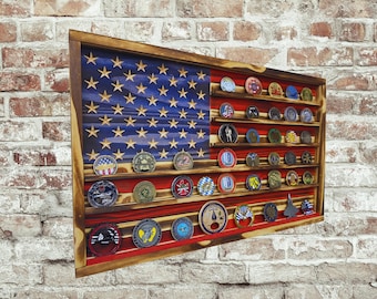 Custom Rustic Challenge Coin Display, American Flag Coin Holder, Personalized Military Rack