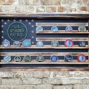 US Border Patrol Challenge Coin Display Flag | Thin Green Line USBP Wood Holder | Law Enforcement Gift