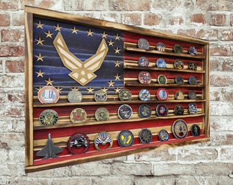 Air Force Challenge Coin Display Flag, USAF Wings Coin Holder, Rustic Wooden American Flag, Personalized Coin Rack, Military Veteran Gift