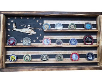 Apache Helicopter Coin Display Flag, Personalized AH-64E Challenge Coin Holder, Engraved Military Helicopter Flag