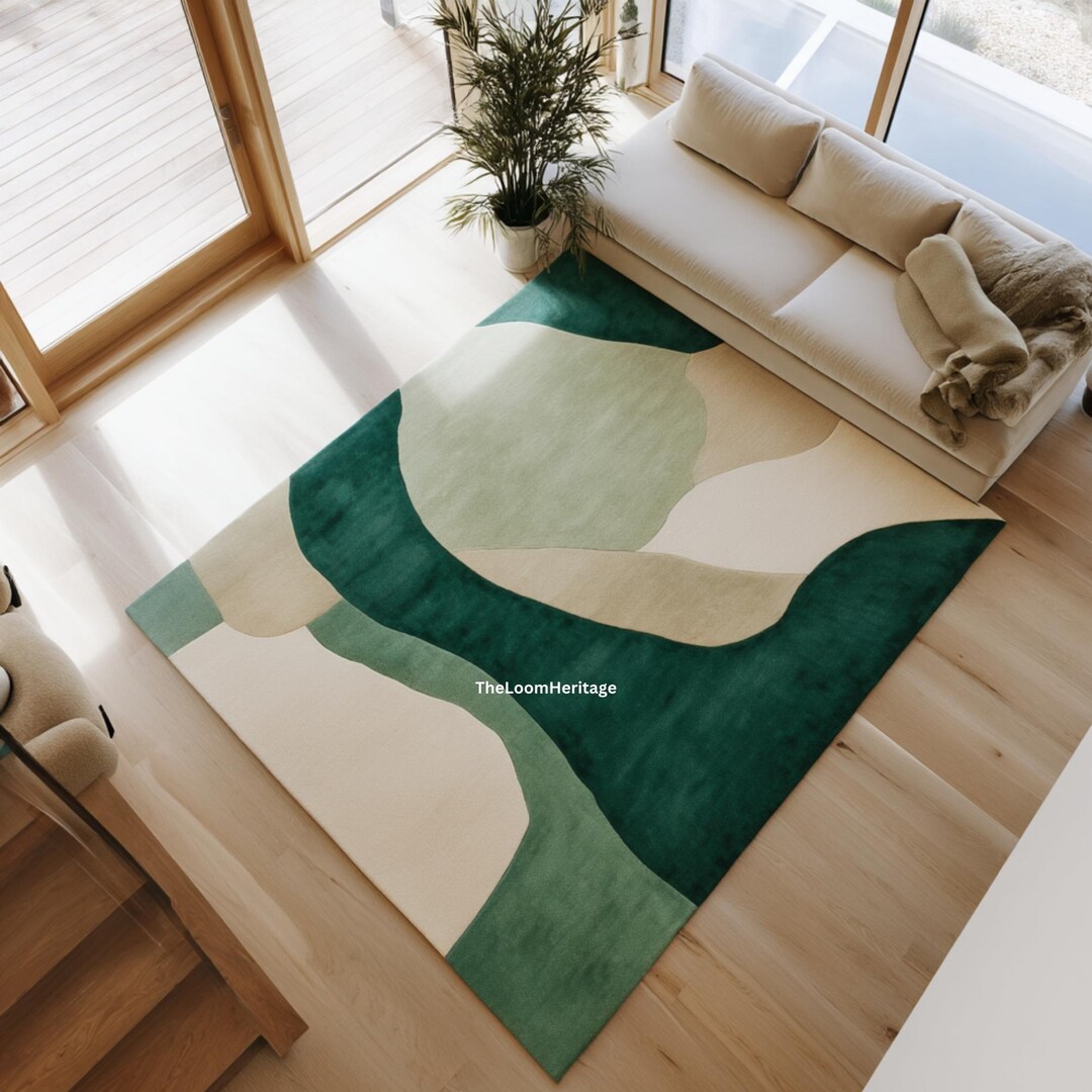 Organic Green Rug Green Abstract Rug | Hand Tufted New Zealand Wool Organic Modern Area ...