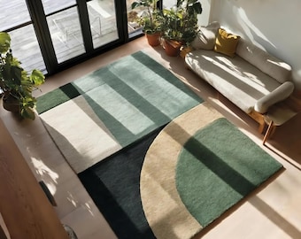 Sage Green Hand Tufted Wool Rug | Organic Modern Geometric Area Rug for Living Room
