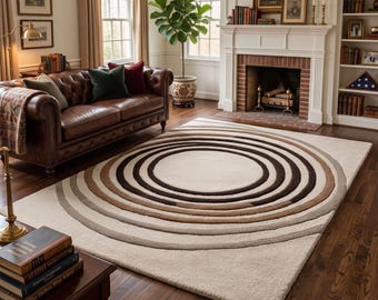 Cream Brown Concentric Circle Rug | Hand Tufted Wool Carpet | Modern Neutral Area Rug