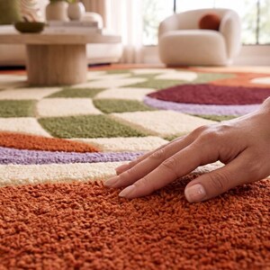 May include: A textured area rug featuring a geometric pattern with curved shapes in shades of burnt orange, olive green, cream, and lavender. The rug has a thick, tufted pile construction with a soft, tactile surface visible across the floor.