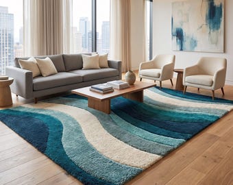 Hand Tufted Teal Blue Rug | Cream Abstract Wave Rug | Organic Modern Area Carpet