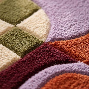 May include: A tufted textile surface featuring a geometric pattern of interlocking shapes in olive green, cream, lavender, deep burgundy, and burnt orange. The texture is dense and looped, creating a raised, tactile appearance across the entire piece.