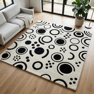 Black White Geometric Rug, Modern Circle Pattern Area Rug, Abstract Carpet