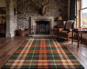 Green Tartan Plaid Area Rug | Hand Tufted Wool Rug | Rustic Cabin Decor
