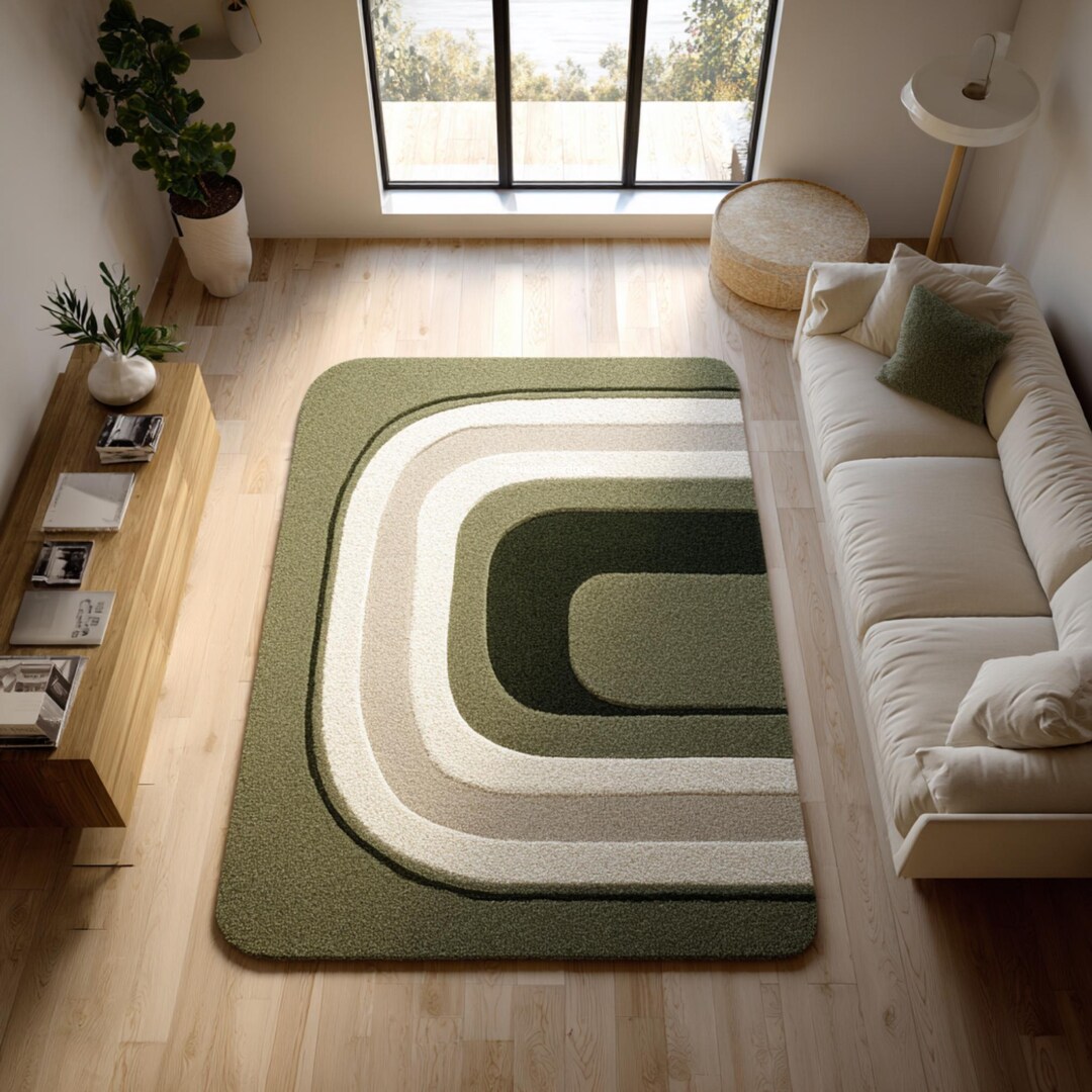 Retro Modern Olive Green Abstract Area Rug | Mid Century Curved Wool ...