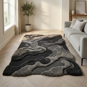 3D Abstract Rug | Sculptural Texture Area Neutral Grey & Black Teppich