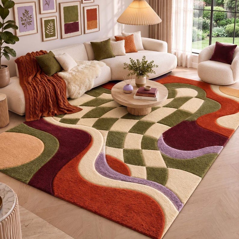 May include: A rectangular area rug featuring a tufted, high-pile texture with a geometric pattern of cream, olive green, burnt orange, deep burgundy, and lavender wavy lines and checkered blocks covering the entire surface of the floor covering.