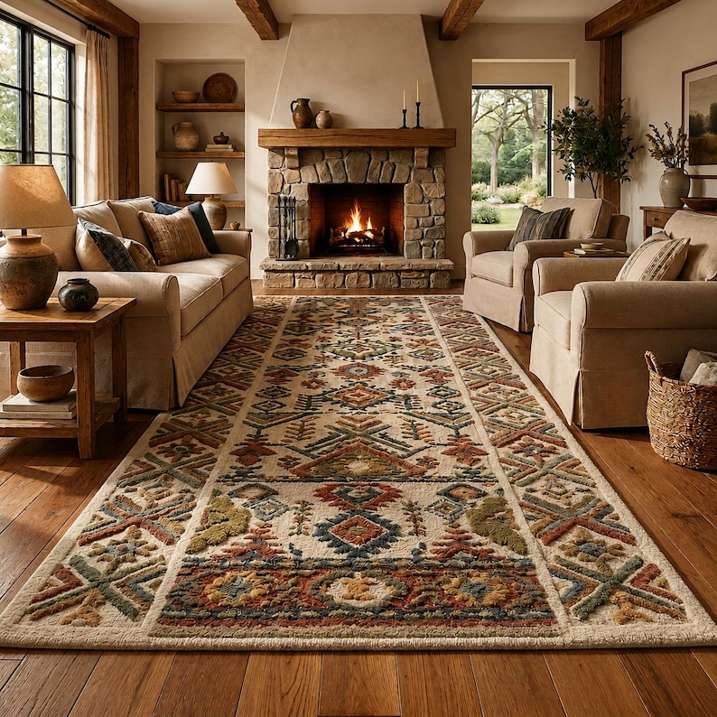 Ivory Southwestern Farmhouse Rug | Tribal Rustic Hand Tufted New ...