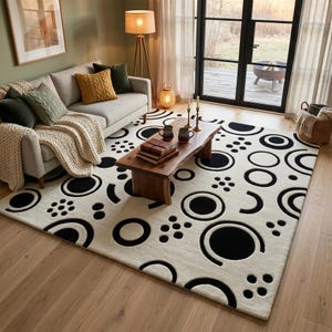 Schwarz Weißer Geometrischer Teppich, Teppich mit Modernem Kreis Muster, Abstrakter Teppich