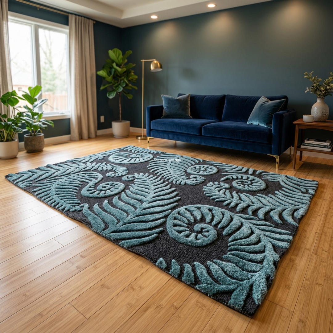 Fern Leaf Rug | Botanical Tufted Wool Area Rug | Light Blue Nature ...