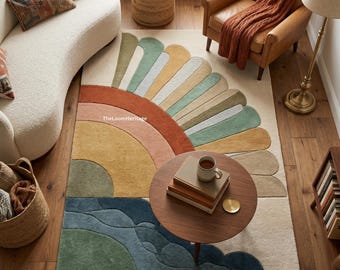 Tapete de lã com estampa de nascer do sol, feito à mão | Tapete boho com estampa de raio de sol, decoração moderna de meados do século