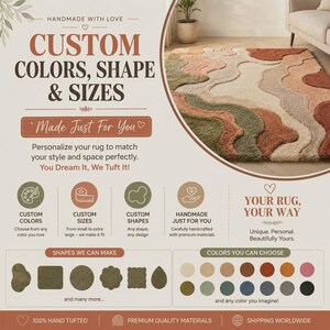 May include: A rectangular area rug with a textured, wavy pattern in shades of sage green, terracotta, cream, and beige. The image includes text detailing custom options for colors, shapes, and sizes, along with icons and color swatches.