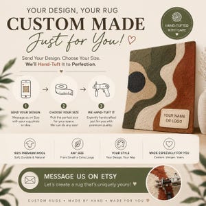 May include: A custom rug advertisement featuring text: YOUR DESIGN, YOUR RUG CUSTOM MADE Just for You! Send Your Design. Choose Your Size. We'll Hand-Tuft It to Perfection. A rectangular rug with wavy patterns in olive, cream, and rust orange.