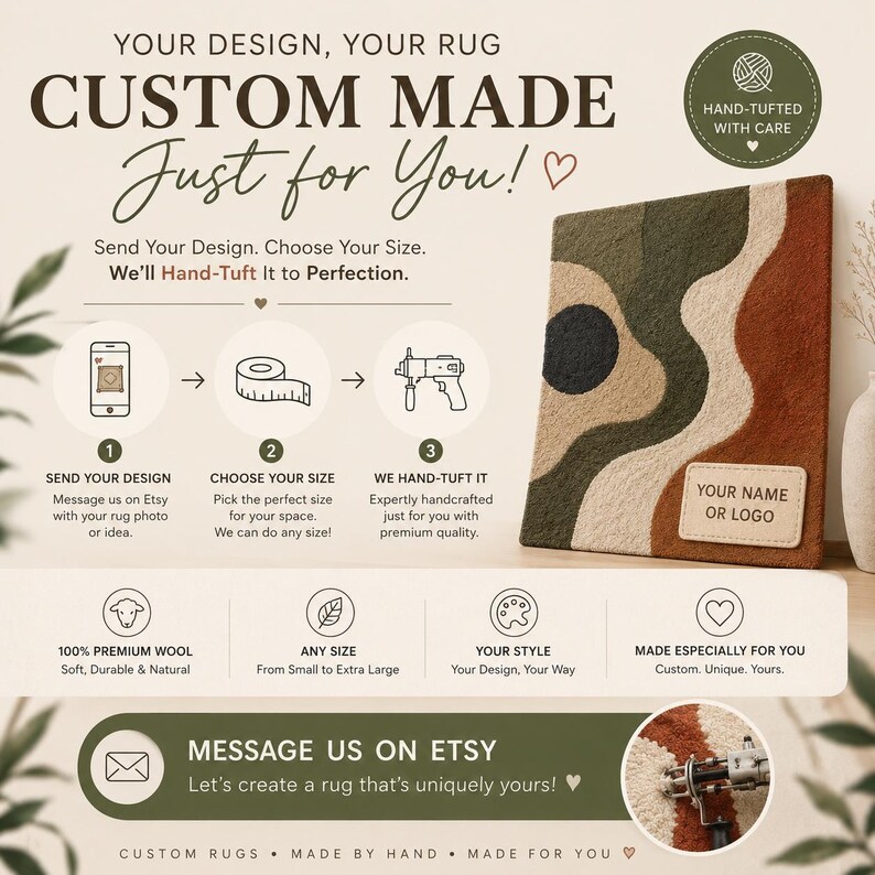 May include: A custom rug advertisement featuring text: YOUR DESIGN, YOUR RUG CUSTOM MADE Just for You! Send Your Design. Choose Your Size. We'll Hand-Tuft It to Perfection. A rectangular rug with wavy patterns in olive, cream, and rust orange.