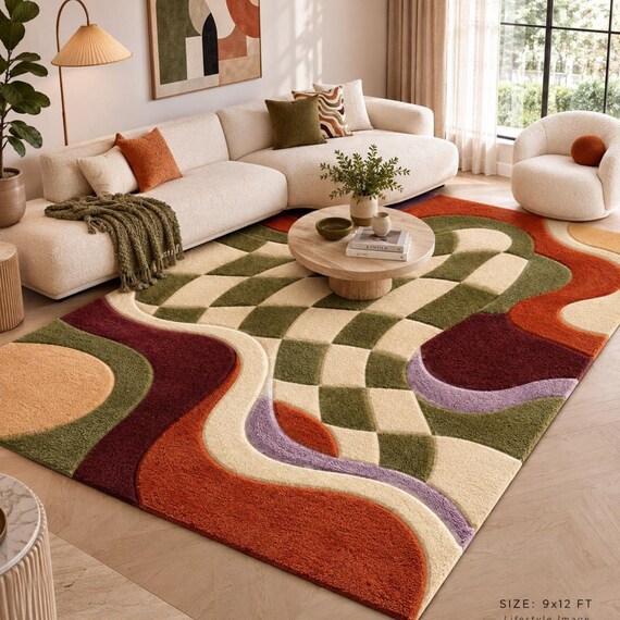 Hand Tufted Modern Abstract Rug | Olive Green Checkerboard Rug | Rust Geometric Wool Carpet