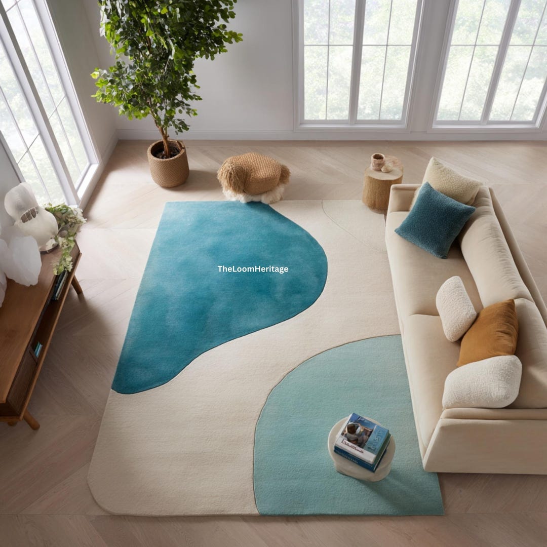 Teal Blue Abstract Organic Wool Rug | Hand Tufted Modern Area Carpet - Etsy